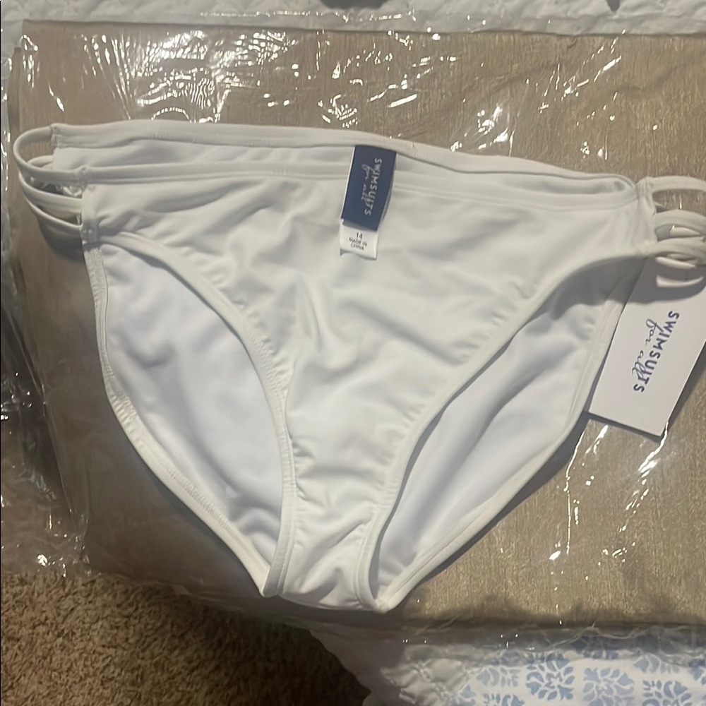 Swimsuits For All White Bikini Bottom and top in size 14. Unworn and NWT